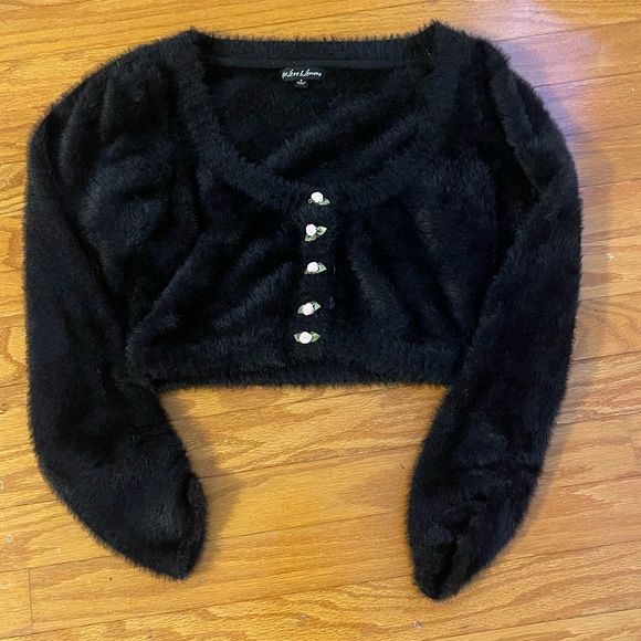 For Love and Lemons black fluffy cropped Anastasia cardigan w/pink rose details - Picture 2 of 8